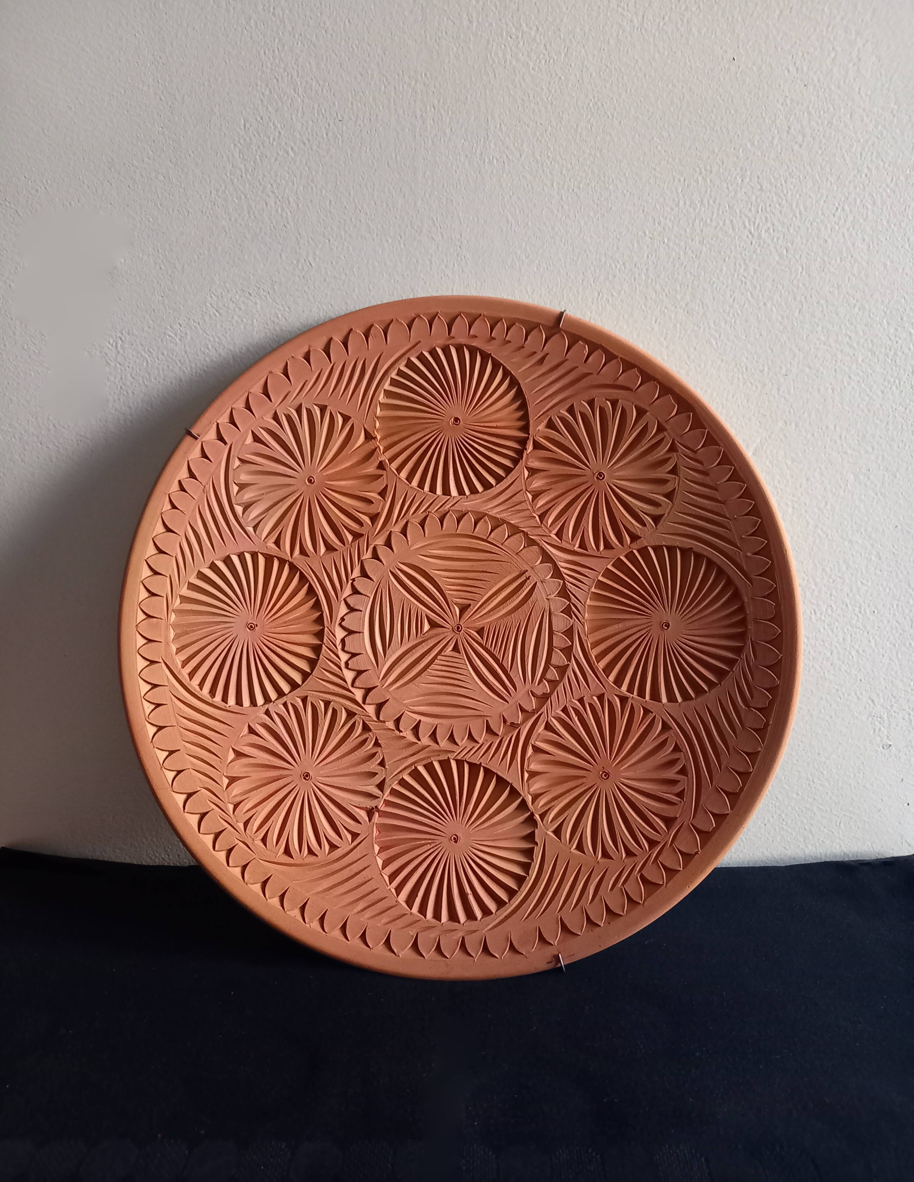 Old decorative terracotta wall plate vintage 60s pottery