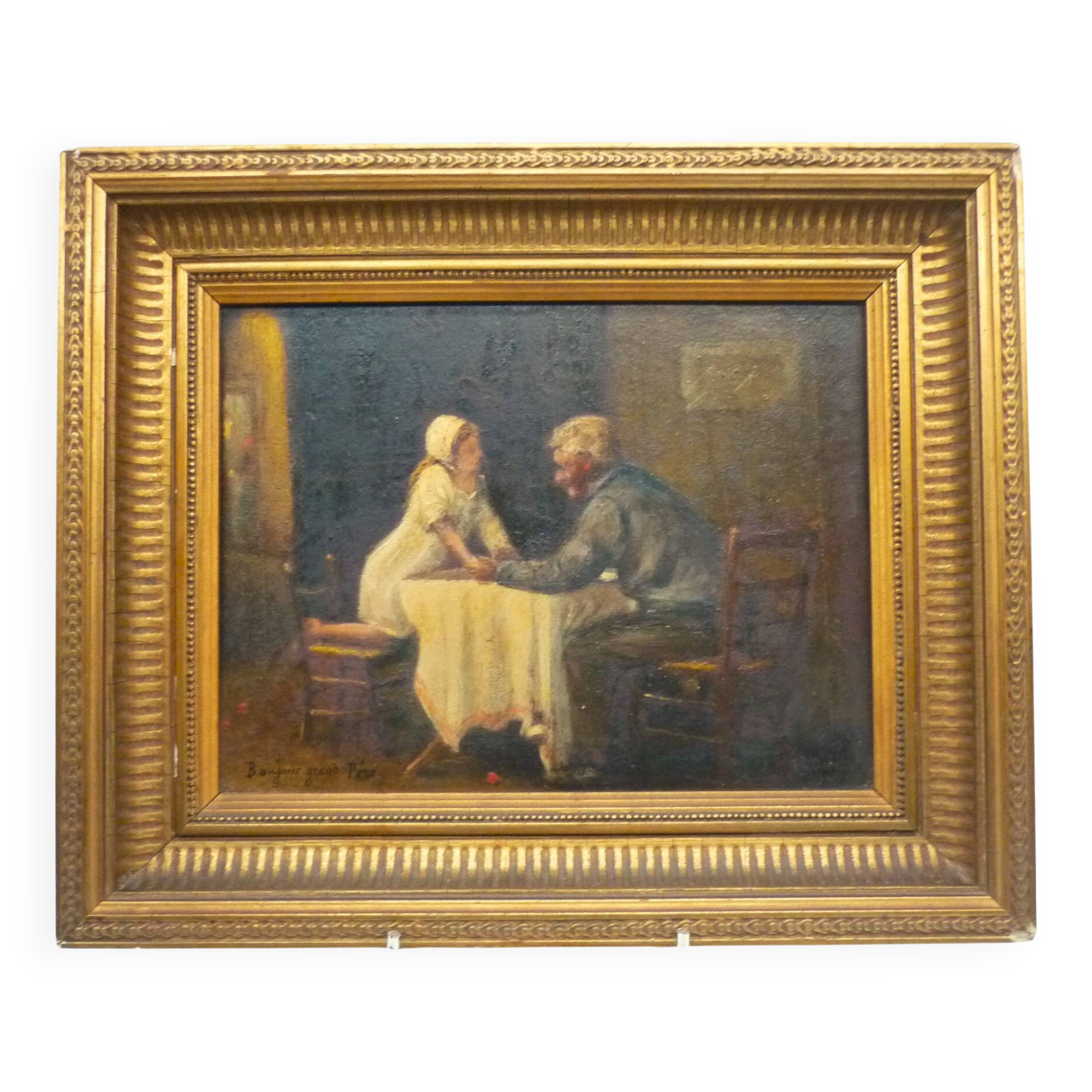 Tableau, huile sur panneau "Bonjour Grand Père", début XXème, cadre doré