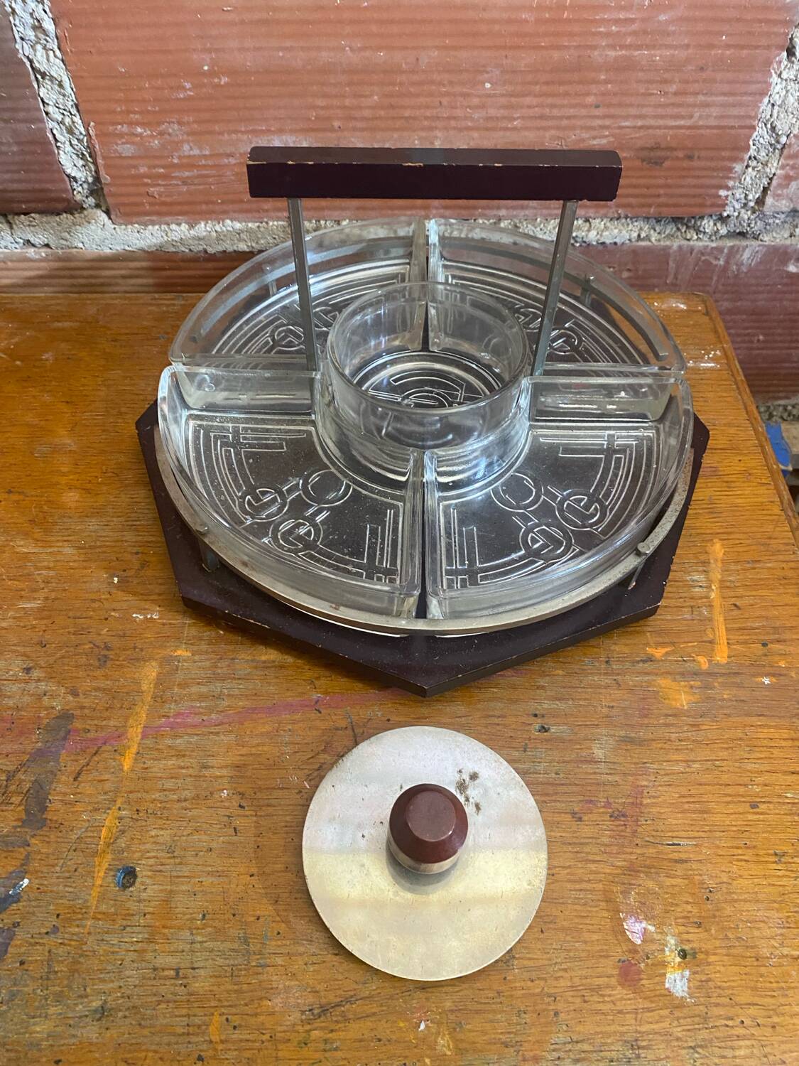 Serving Tray Wood & Chrome + Molded Glass Bowls Kitchen Wine