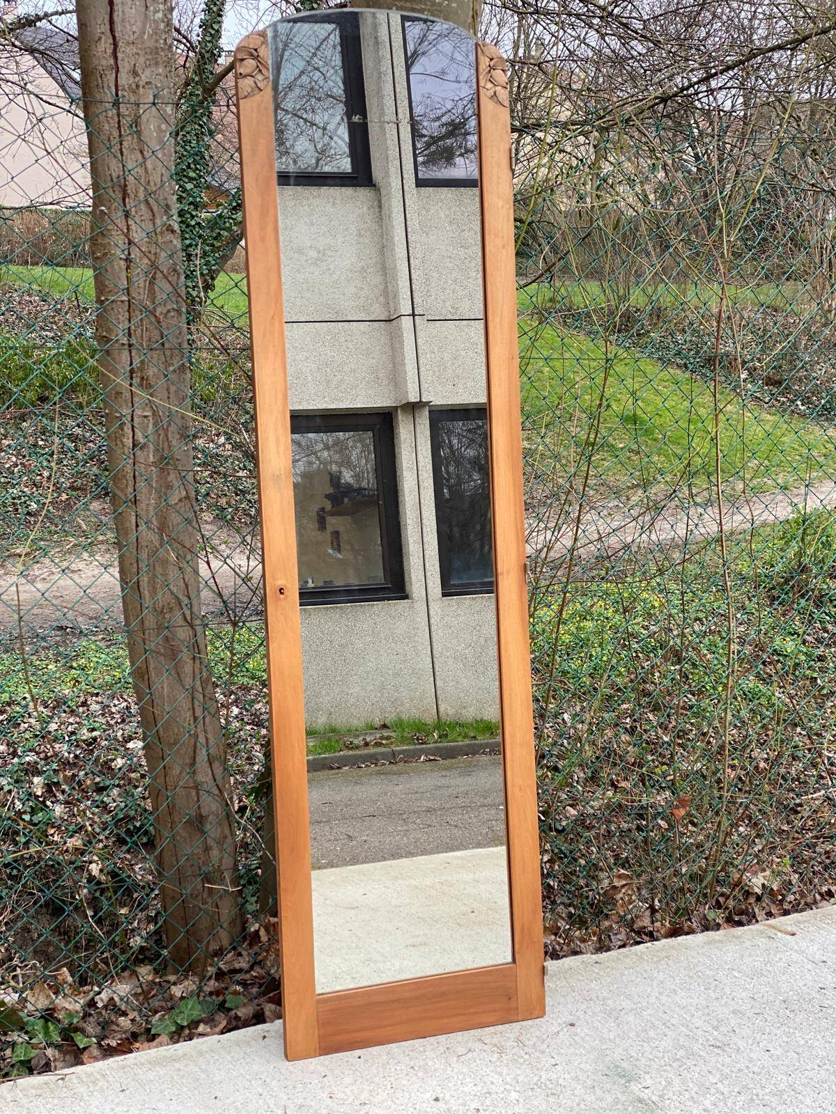 Art Deco mirror on a carved arched base, renovated in raw oak, 186cm