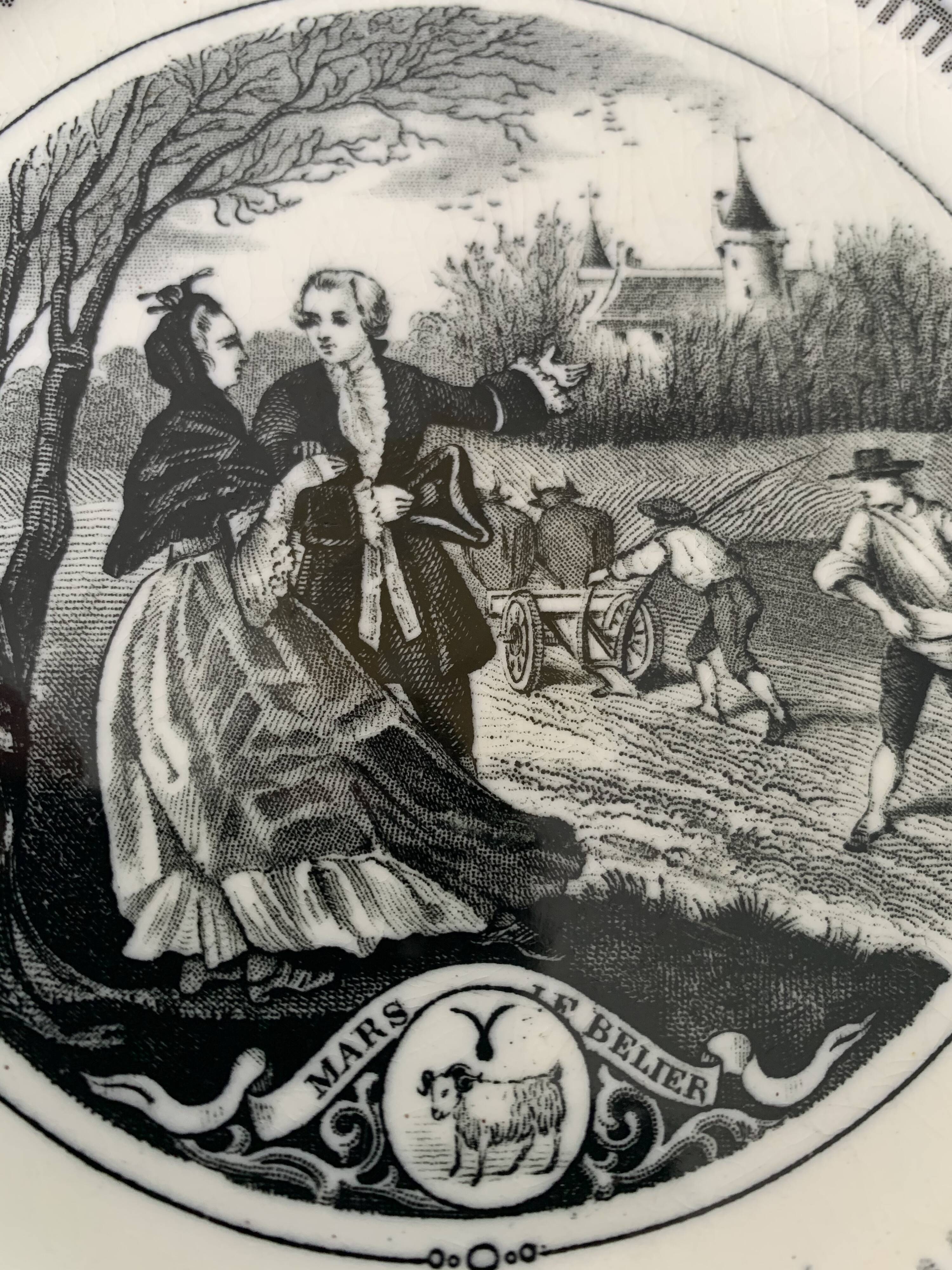 6 black dessert plates Old and Johnston Bordeaux 19th century astrology