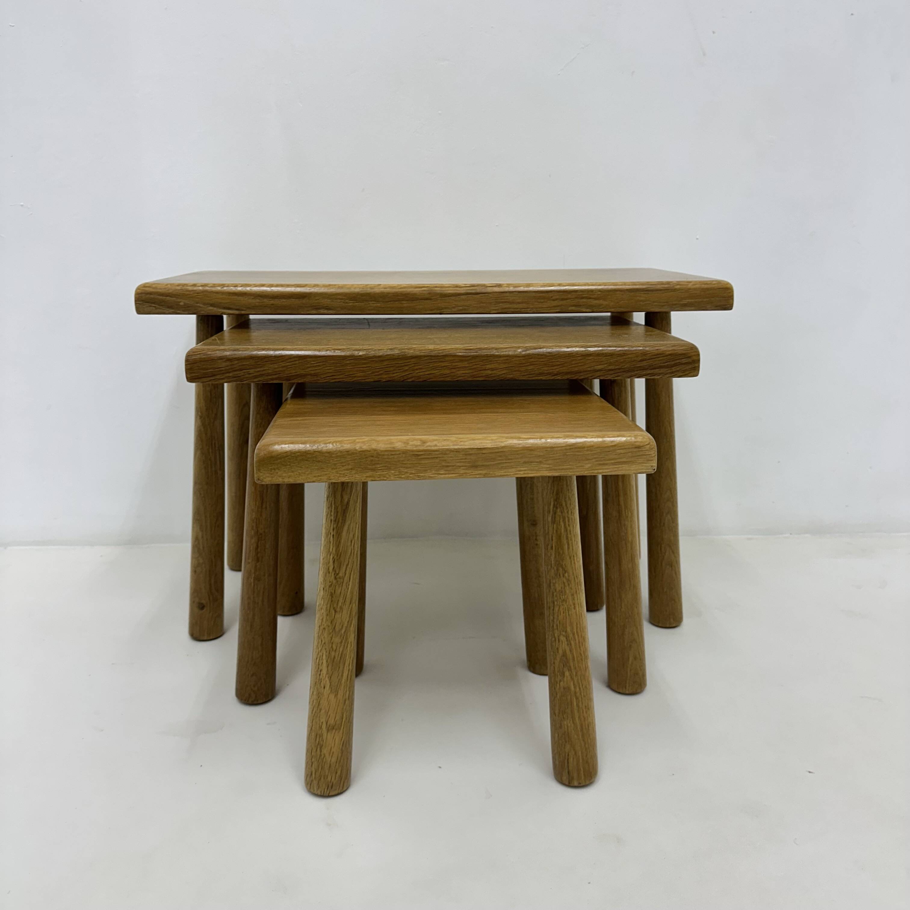 Set of nesting tables solid oak wood brutalist , 1970s