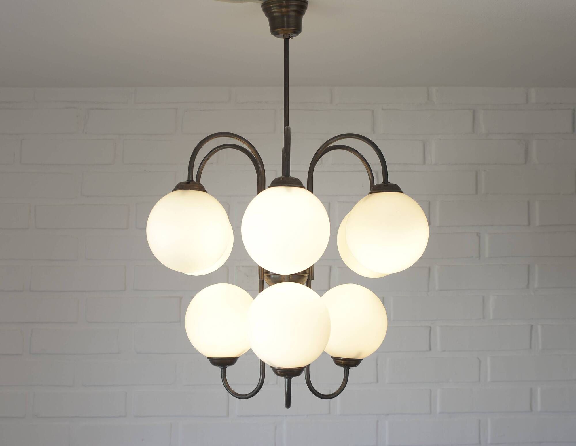 Large Mid Century Chandelier / Vintage Copper Gooseneck Pendant Light / Space Age / Yugoslavia 80's