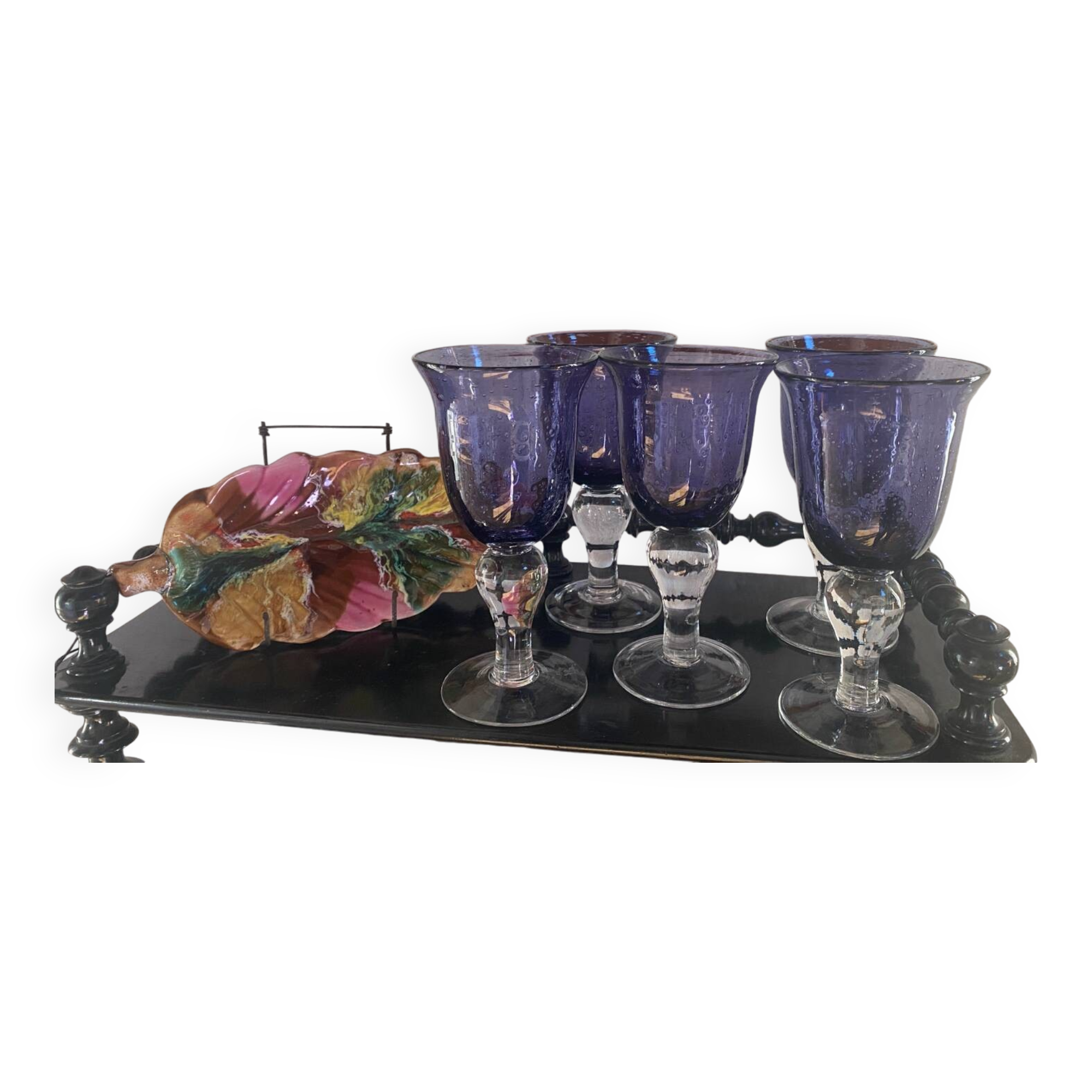 Set of 5 large vintage bubbled and blown glass glasses