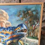 Huile sur toile "Salamandre du Parc Guelle - Barcelone"