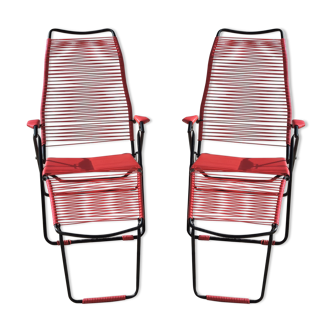 Paire de chaises longue pliante scoubidou vintage années 60
