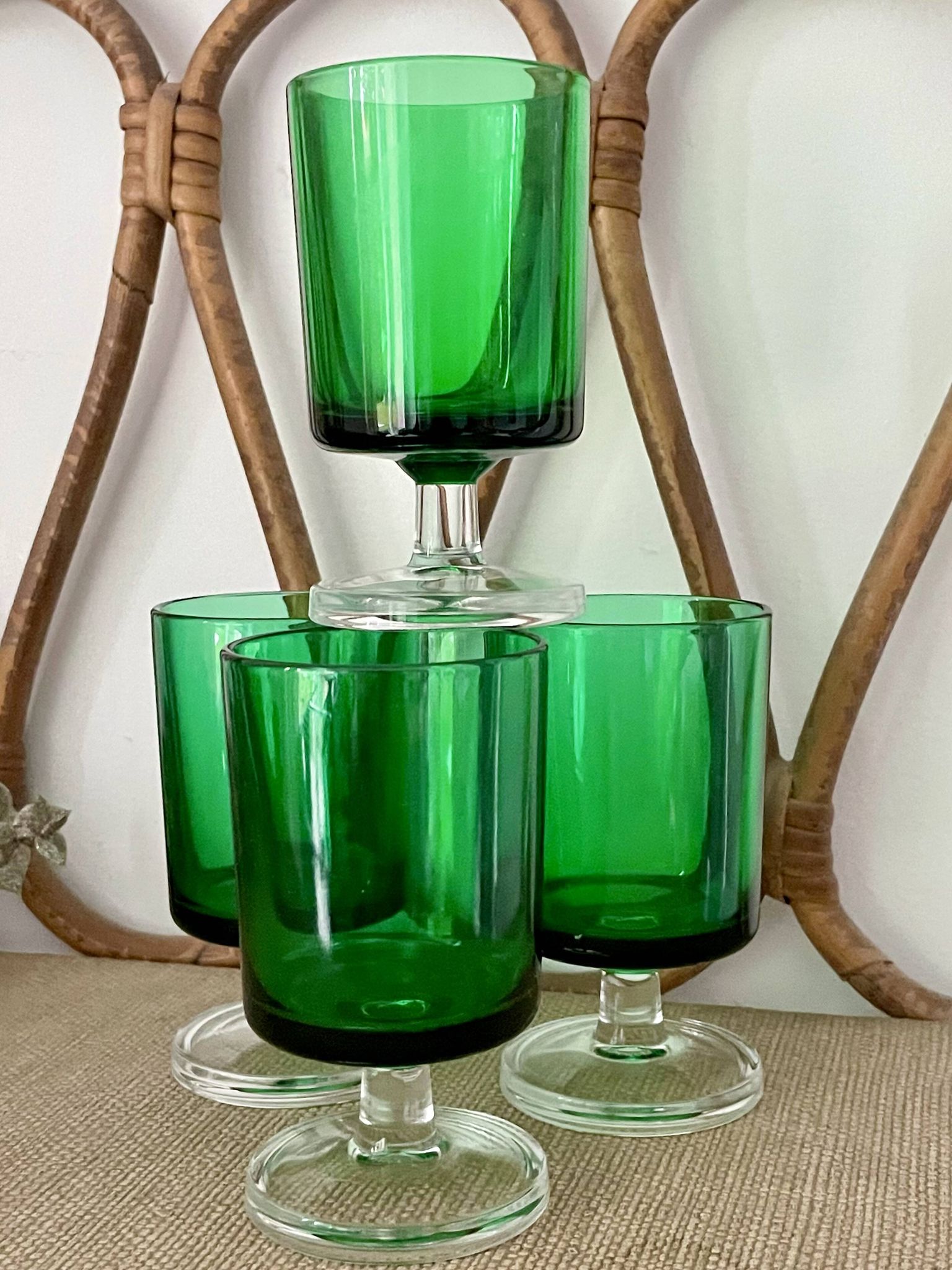 4 Luminarc France stemmed glasses, 1970s, two-tone green