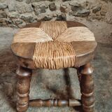 Vintage beechwood stool with straw seat – France, 1950s