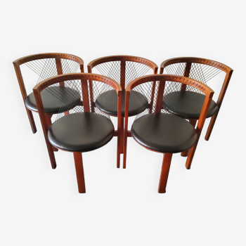 Niels Jorgen Haugesen String wood and leather chairs for Tranekaer, Denmark 1980