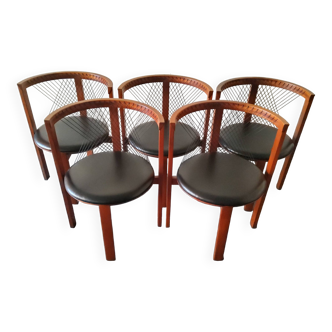 Niels Jorgen Haugesen String wood and leather chairs for Tranekaer, Denmark 1980