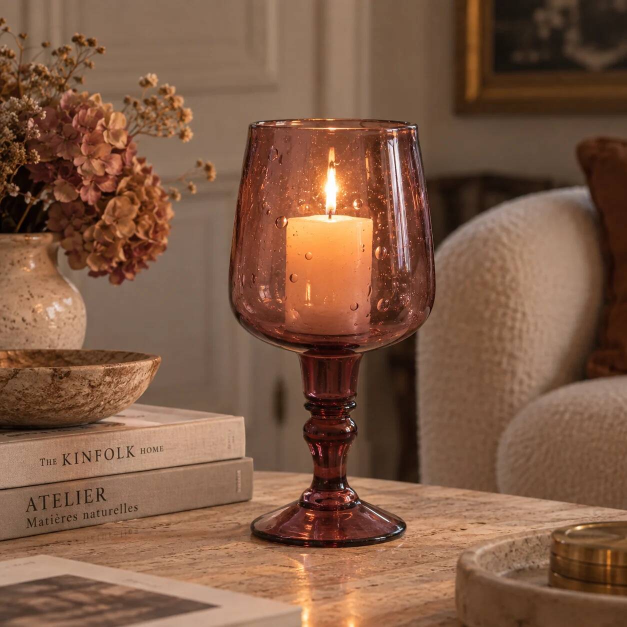 Large amethyst bubble glass candle holder on a stand – H27 cm