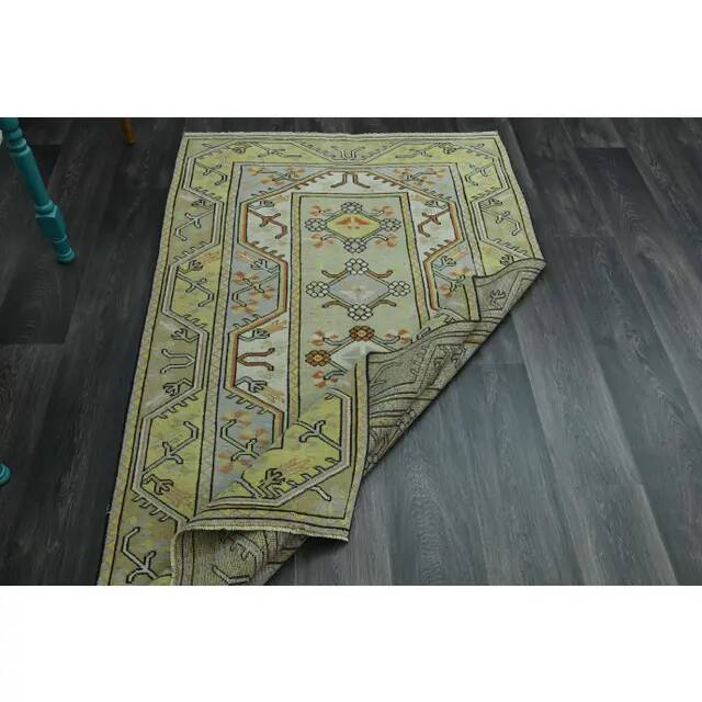 1970s vintage Turkish Oushak handmade wool cotton green area rug 115x205