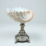 XXL large giant clam shell (Tridacne) on a silver-plated metal base, late 19th century