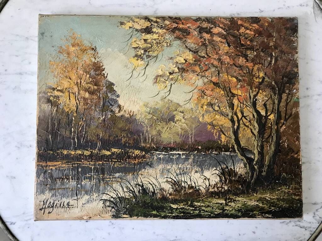 Oil painting on canvas river forest autumnal landscape signed