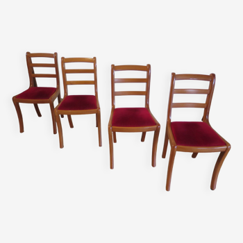 Chaises en merisier massif et assise velours rouge - Lot de 4 - Style Louis philipe