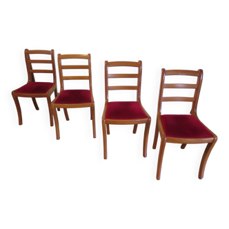 Chaises en merisier massif et assise velours rouge - Lot de 4 - Style Louis philipe