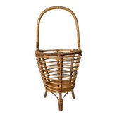 Porte-plantes / revues tripode vintage en rotin – Mid-Century circa 1960