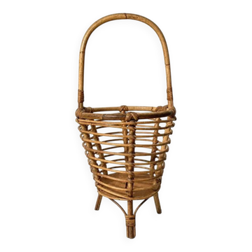 Porte-plantes / revues tripode vintage en rotin – Mid-Century circa 1960