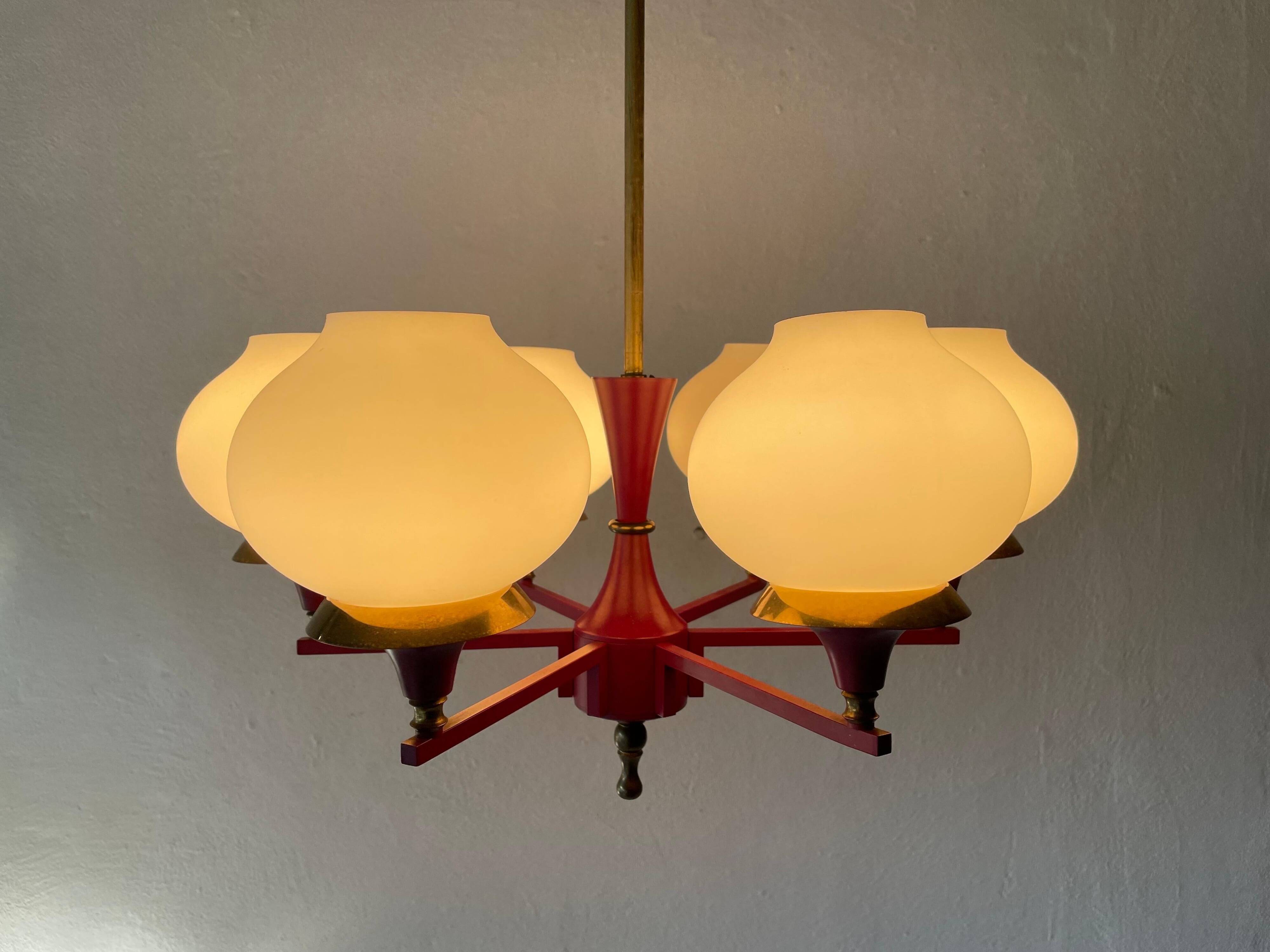 6 pendant lamps in glass and burgundy brass by Hans-Agne Jakobsson, 1960s, Sweden