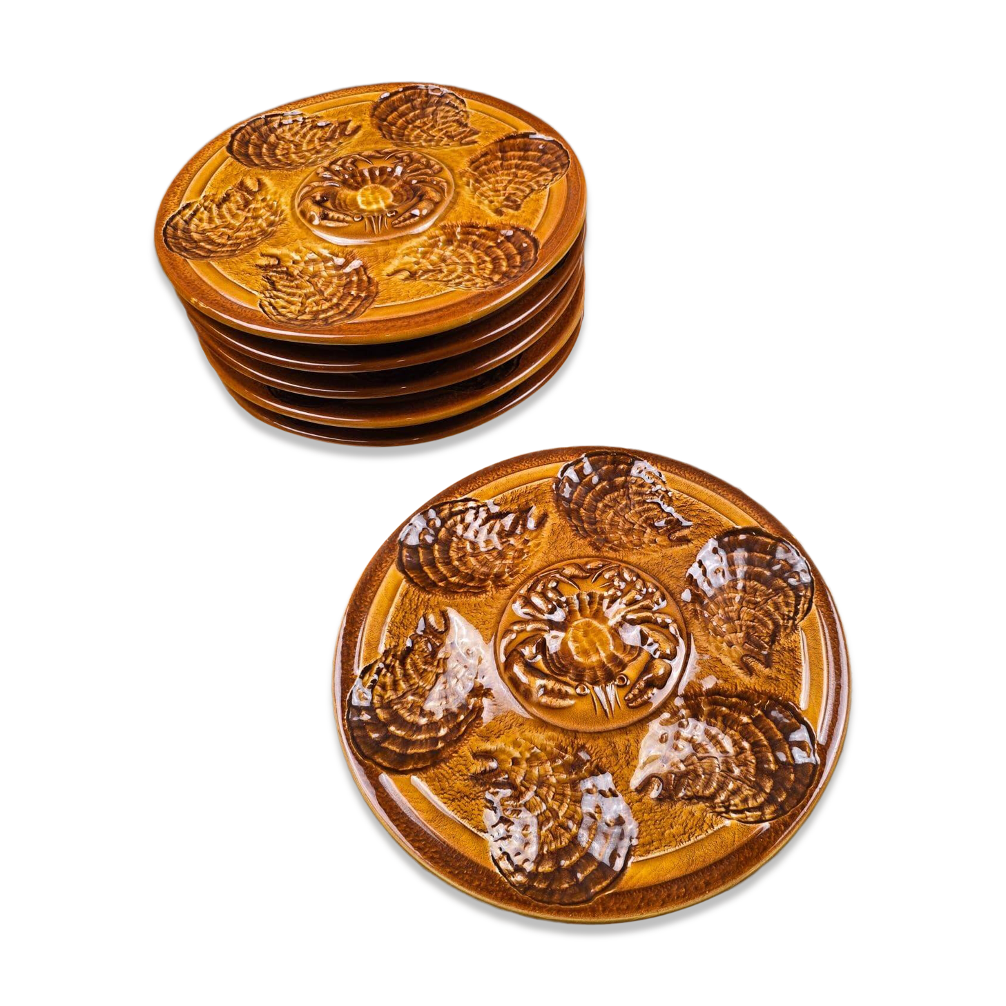 Set of 6 oyster plates – Sarreguemines – brown decor