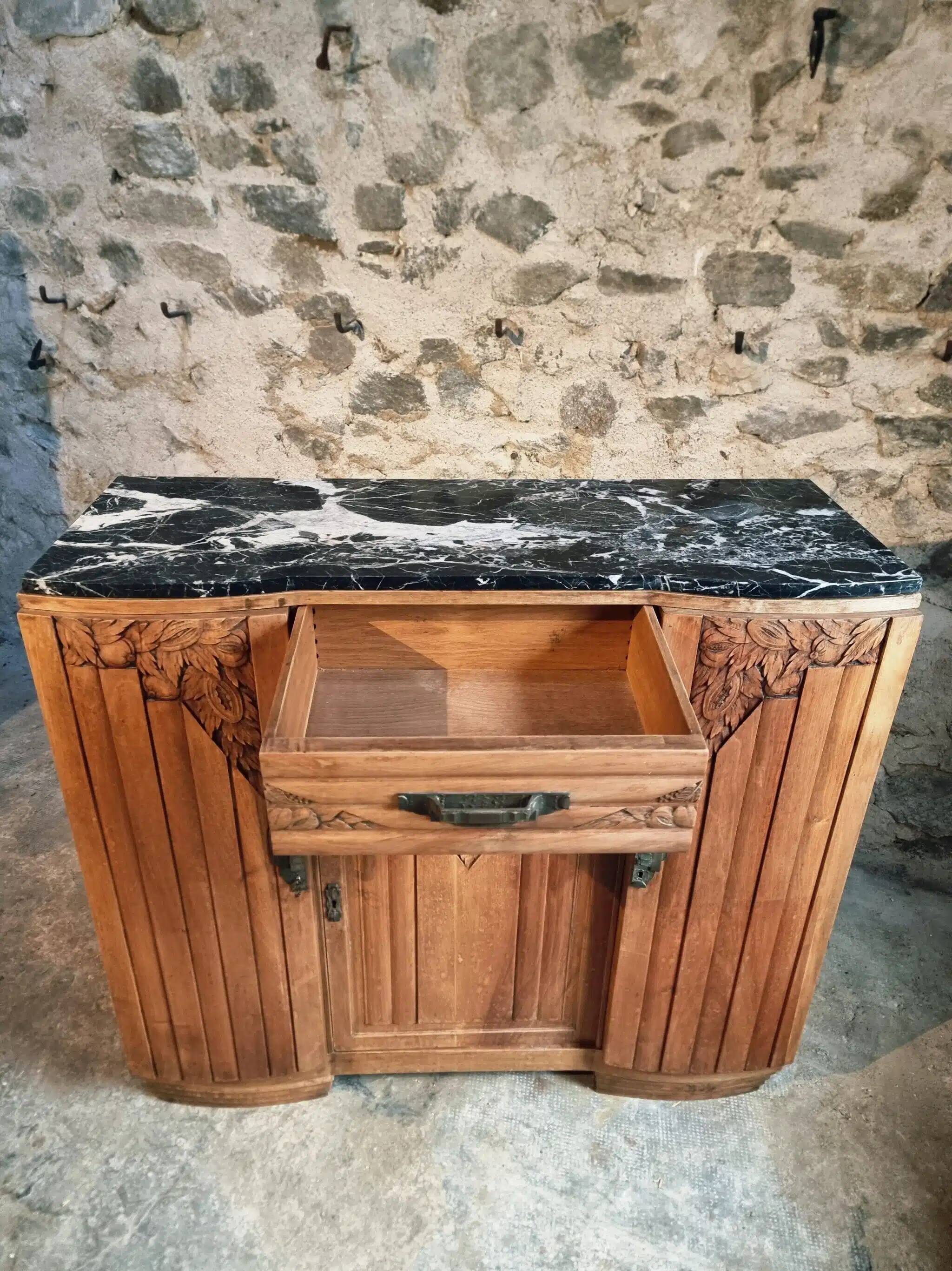French Art Deco walnut sideboard with marble top, 1920s