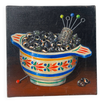 Still life with shells, oil on canvas, old painting.