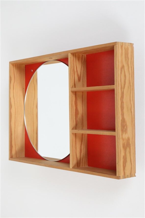 Mid-century wall shelf with mirror / 1970s / maritime pine / Danish modern design / red-orange