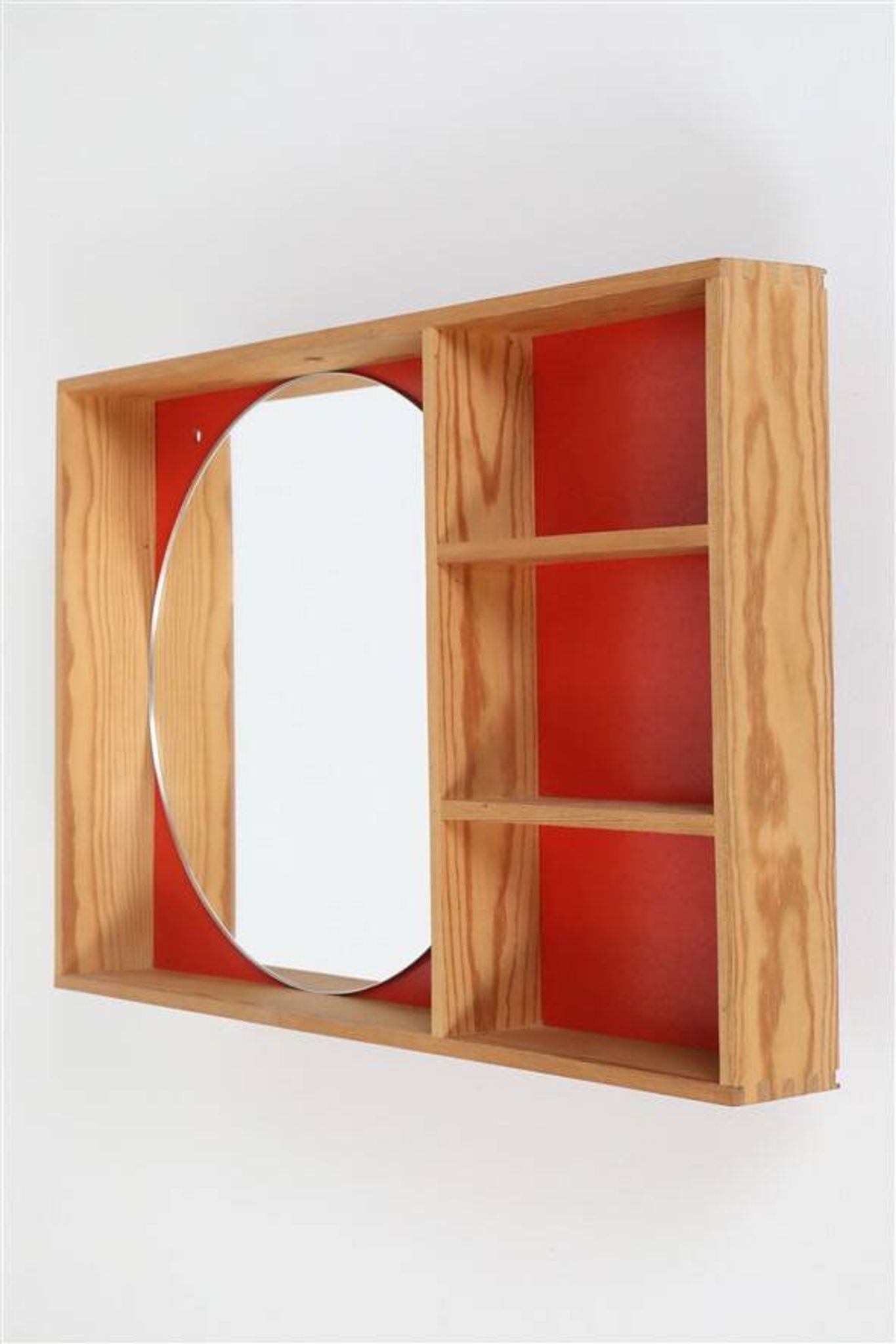 Mid-century wall shelf with mirror / 1970s / maritime pine / Danish modern design / red-orange