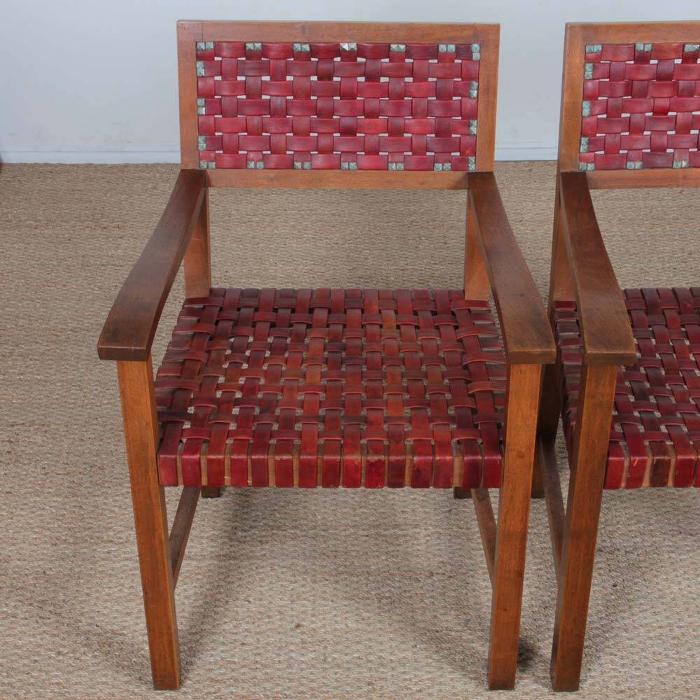 Pair of 1950s bridge chairs in wood and leather