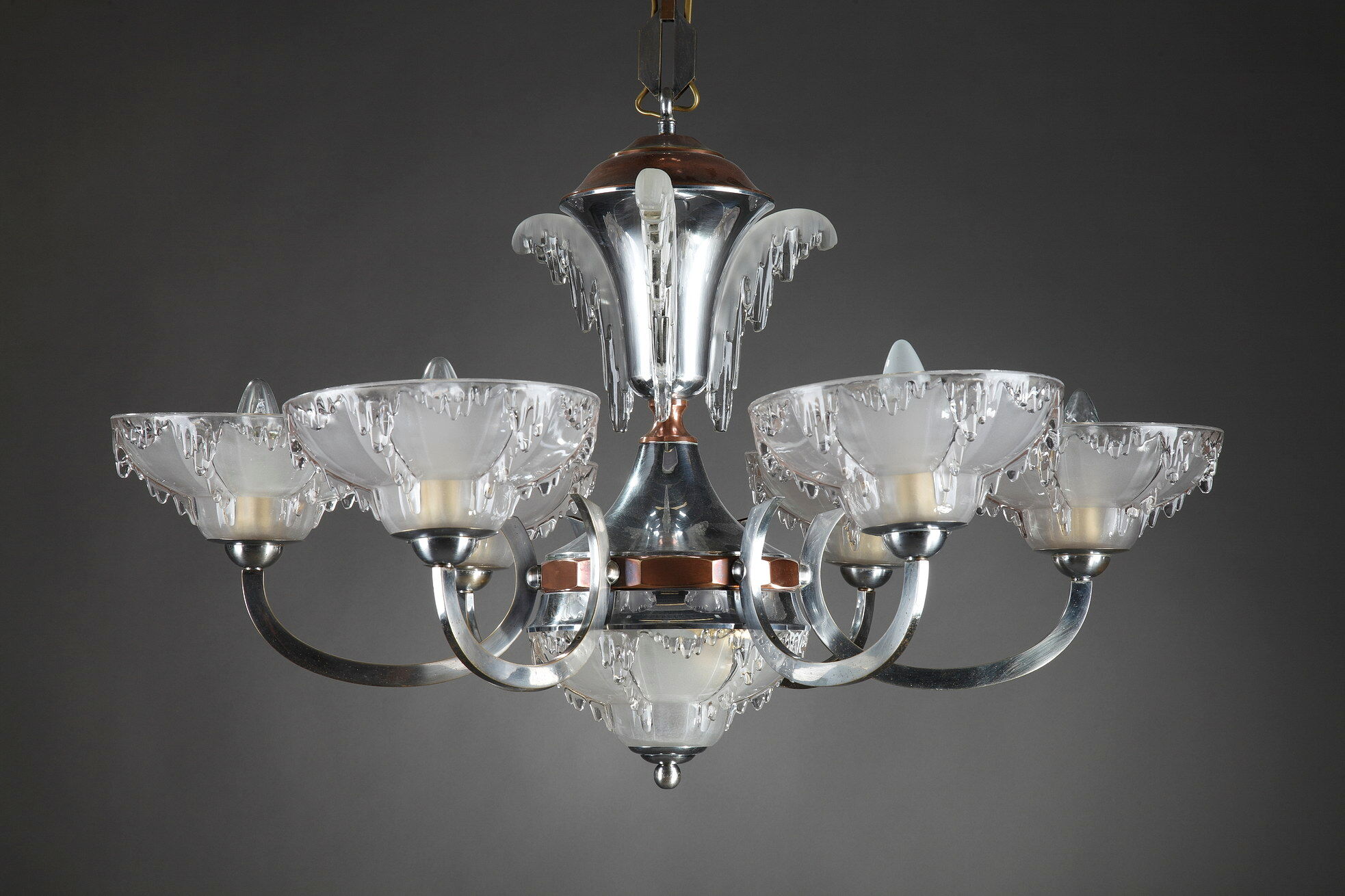 Art Deco chandelier in nickel-plated metal and copper