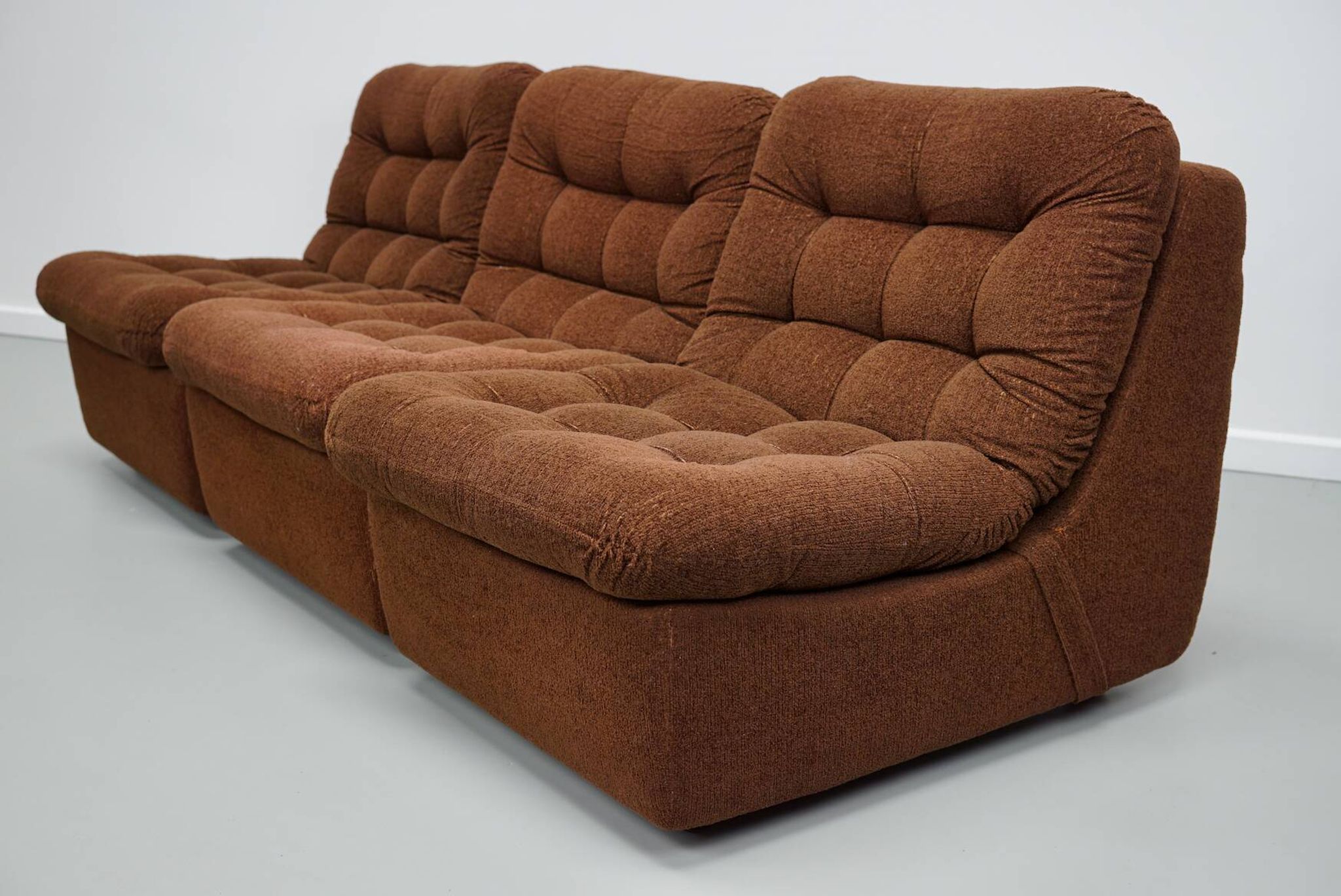 Vintage German brown boucle modular 3-seater sofa, 1970s.