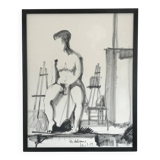 Charcoal drawing by Loïc DUBIGEON 1934-2001. Nude in the studio
