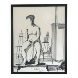 Charcoal drawing by Loïc DUBIGEON 1934-2001. Nude in the studio