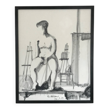 Charcoal drawing by Loïc DUBIGEON 1934-2001. Nude in the studio