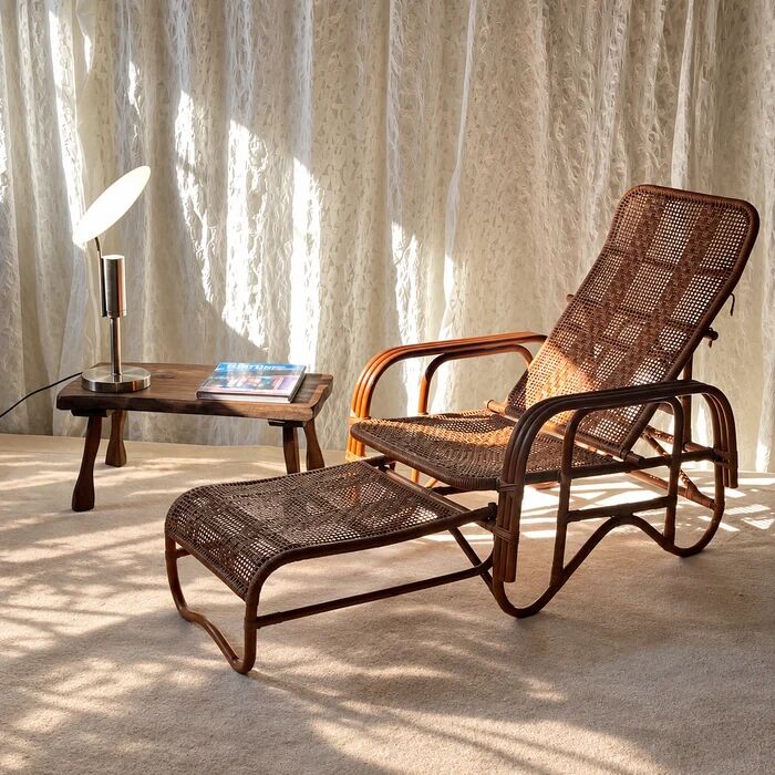 Mid-century adjustable rattan lounge chair with retractable footrest, Japan