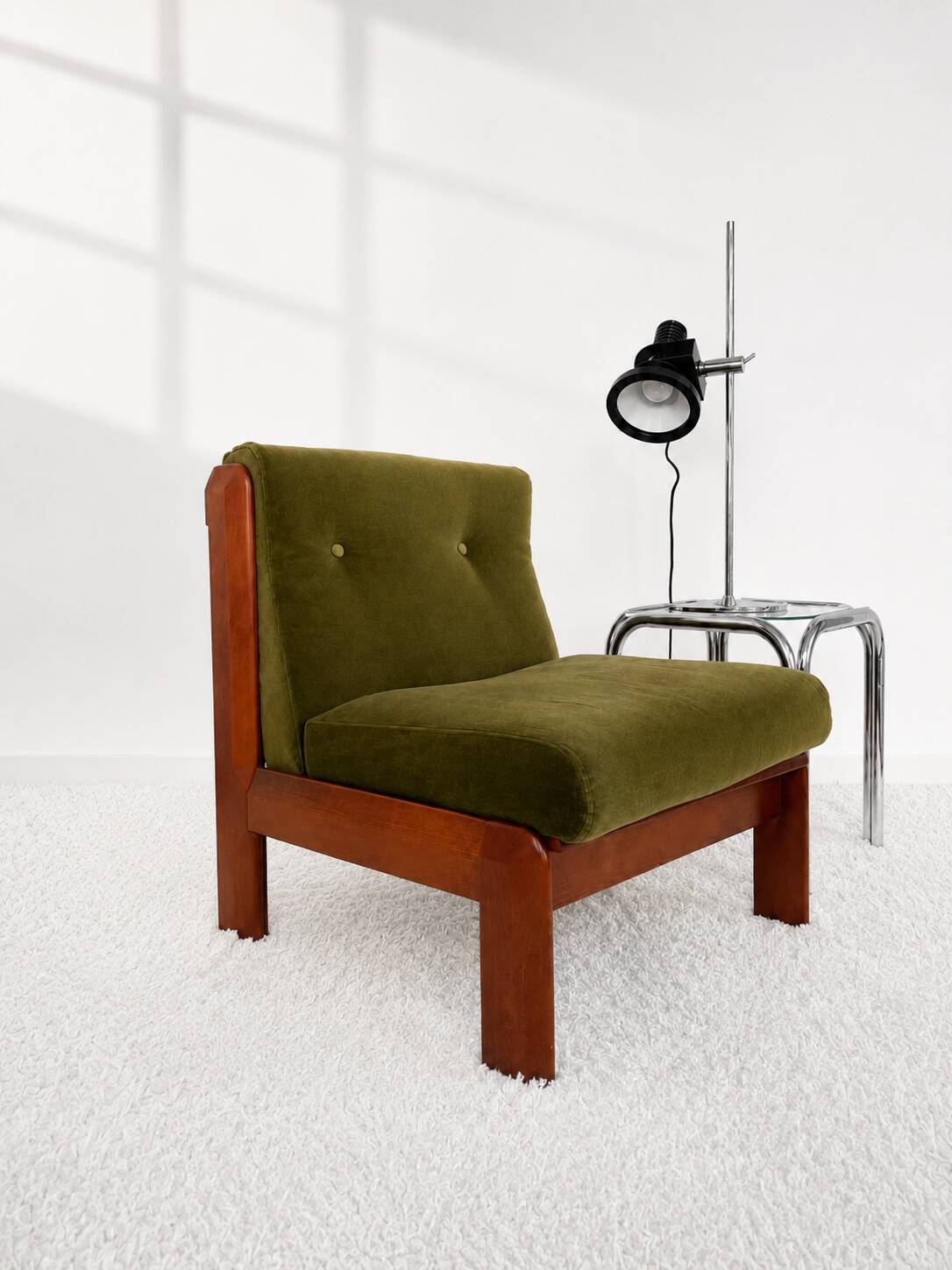 Guilleumas armchair. Upholstered in olive green velvet. Spain 70s