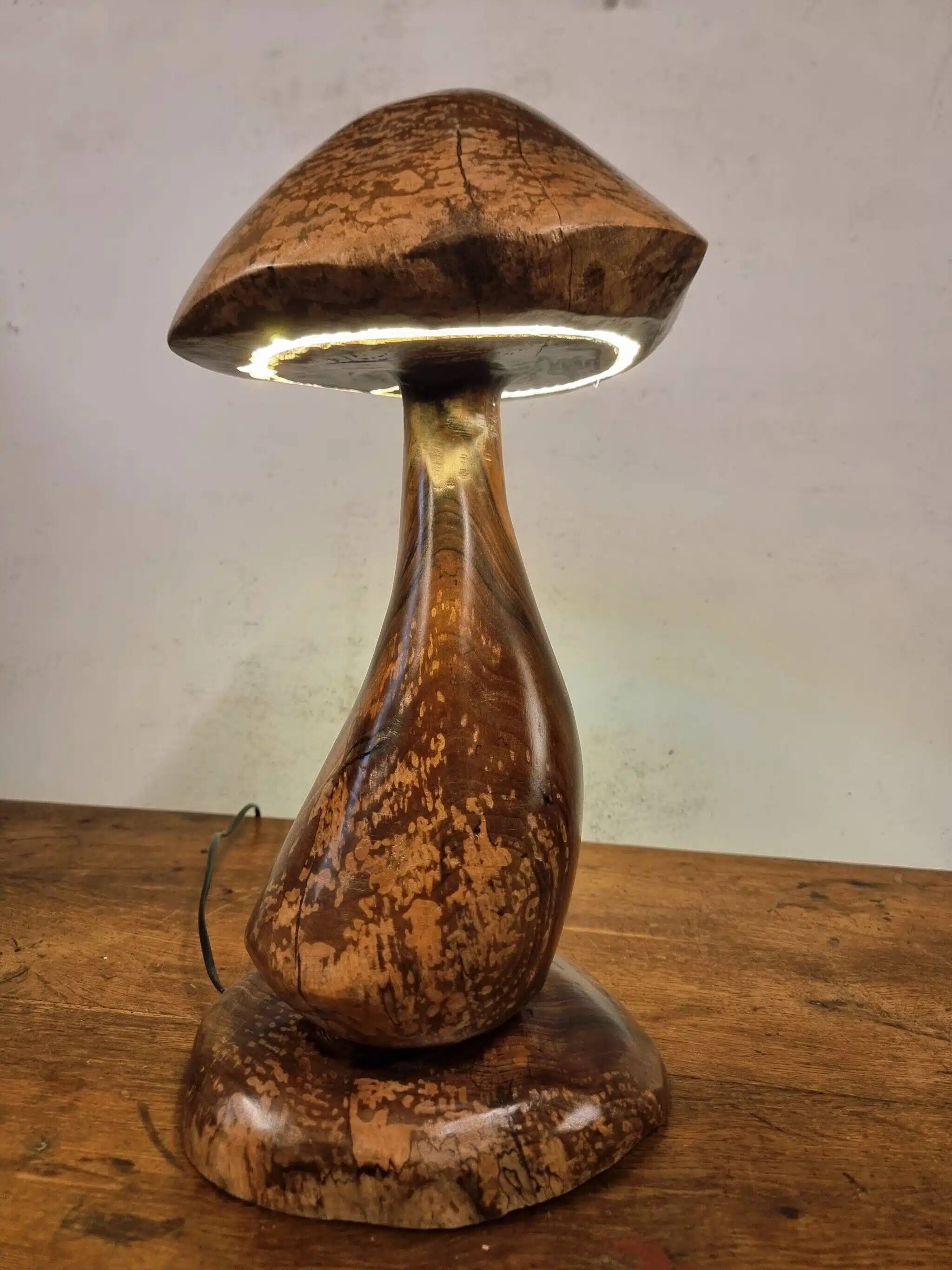 Hand-carved wooden mushroom table lamp with integrated LED