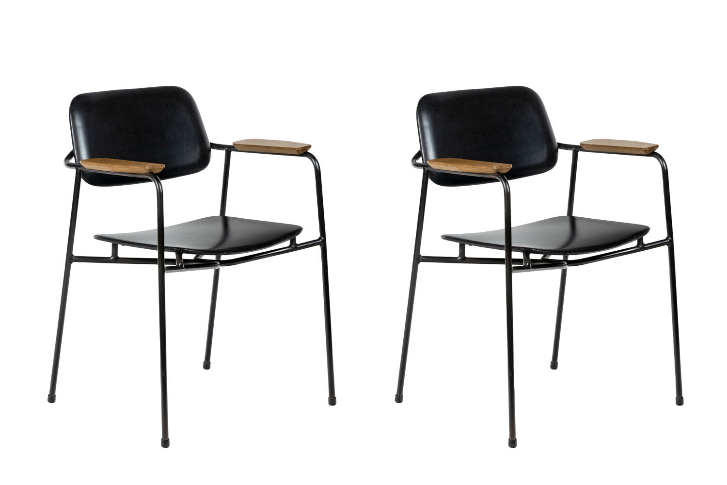 Paire de fauteuils en métal, chêne et cuir, années 1950