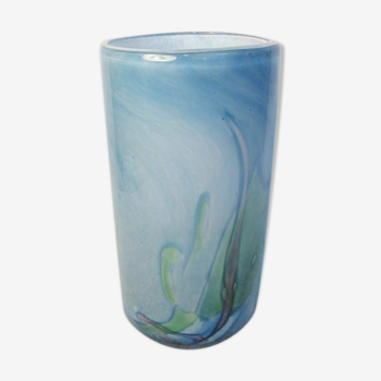 Vase cylindrique contemporain en pâte de verre signé
