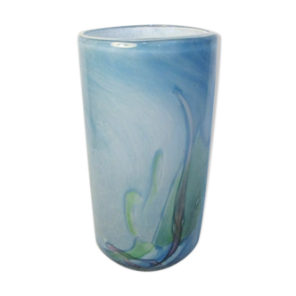 Vase cylindrique contemporain en pâte de verre signé