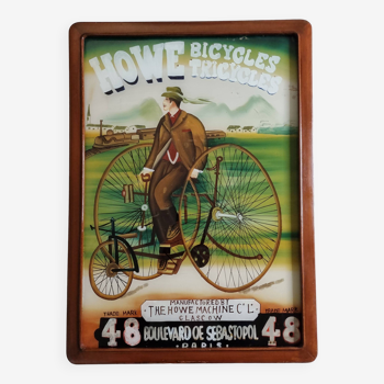 Howe cycle advertising, vintage glass painting, framed 41 x 57 cm