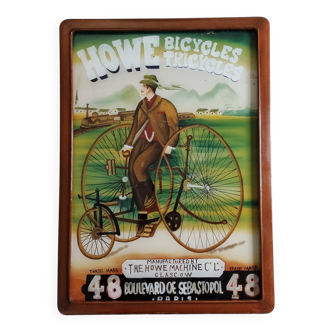 Howe cycle advertising, vintage glass painting, framed 41 x 57 cm
