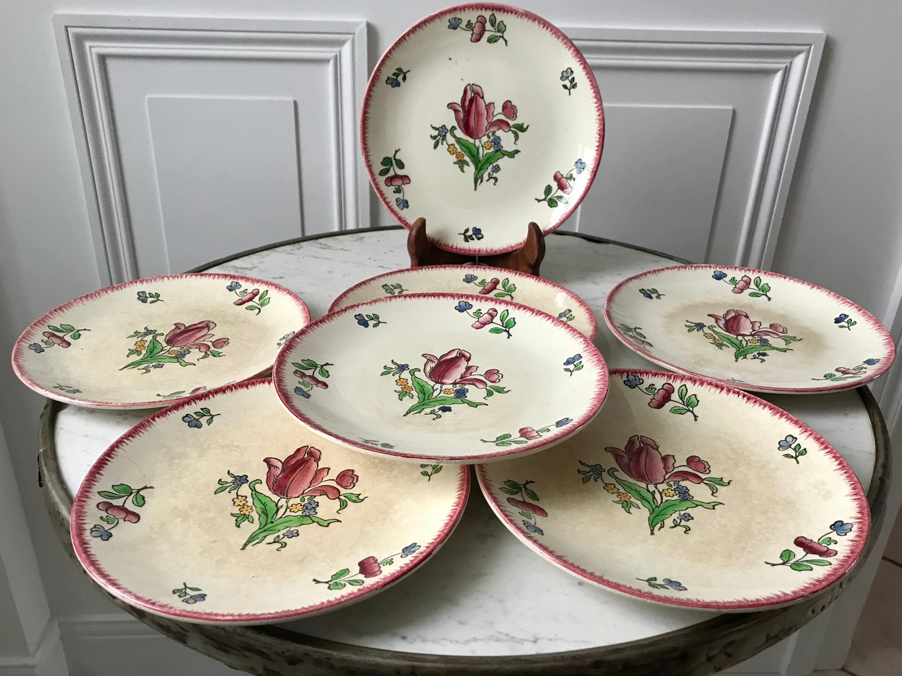 Set of 7 dessert plates gien model "lorraine" hand painted 30-40s