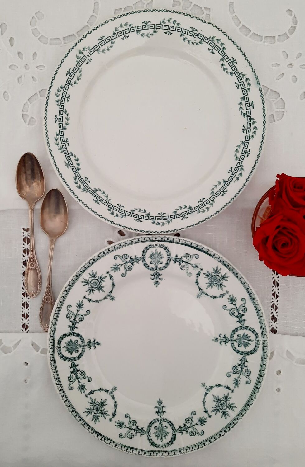 Old dessert plates mismatched in iron earth