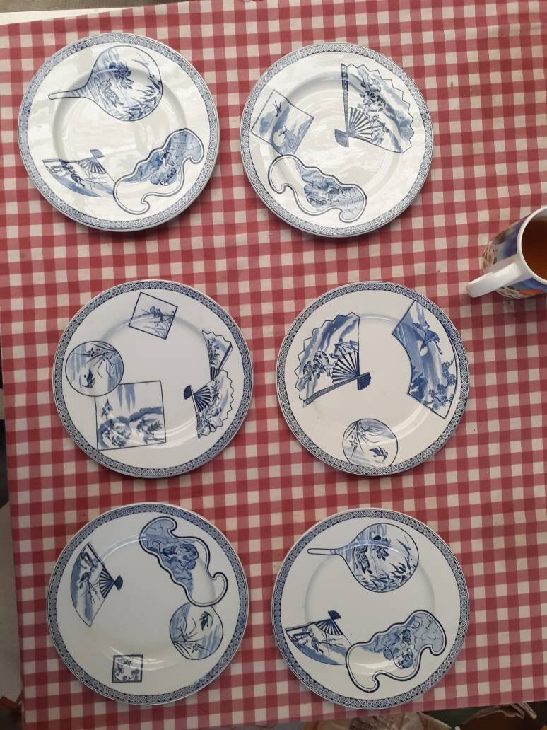 6 Assiettes Gien "Éventails japonais"