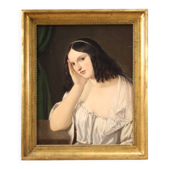 Peinture ancienne portrait d’une jeune femme du 19ème siècle