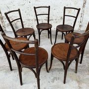 Set of 7 old Baumann bistro chairs in curved wood with round seat