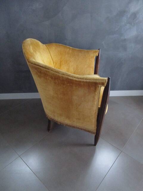 Art Deco yellow velvet armchair - moustache backrest