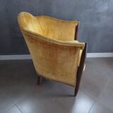 Art Deco yellow velvet armchair - moustache backrest