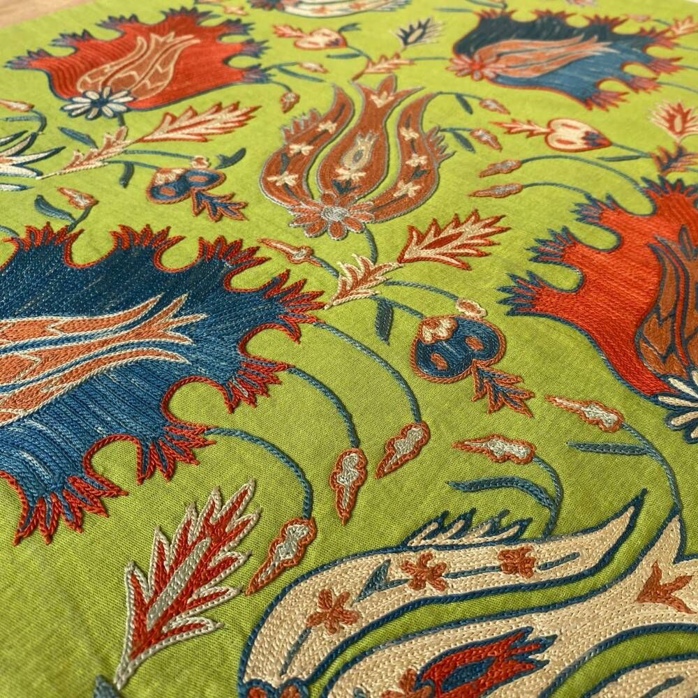 Silk Embroidered Floral Cushion Cover. Green Pillow Cover. Uzbek Suzani Throw Pillow. Traditional Accent Pillow